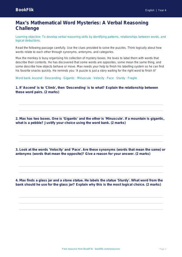Free Verbal Reasoning Track Sheet | Grade 3 | ELA | BookFlik worksheet preview โ English Verbal Reasoning