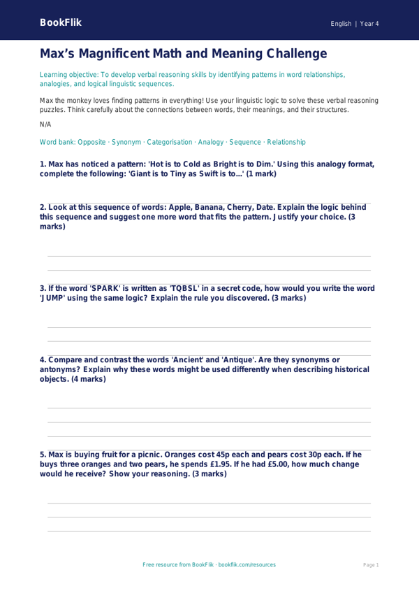 Free Verbal Reasoning Worksheet | Grade 3 | ELA | BookFlik worksheet preview — English Verbal Reasoning
