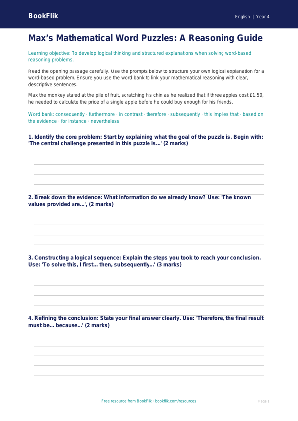 Free Verbal Reasoning Writing Frame | Grade 3 | ELA | BookFlik worksheet preview — English Verbal Reasoning