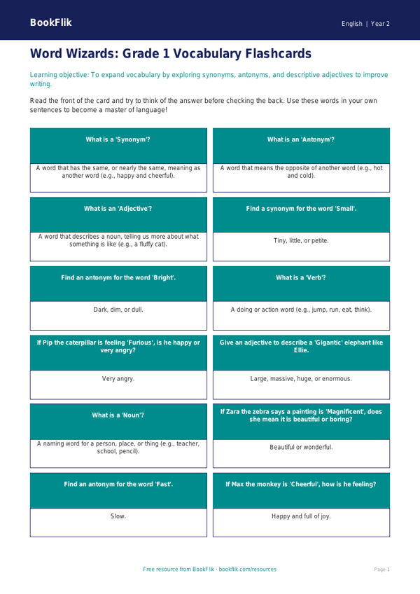 Free Vocabulary Flashcards | Grade 1 | ELA | BookFlik worksheet preview — English Vocabulary