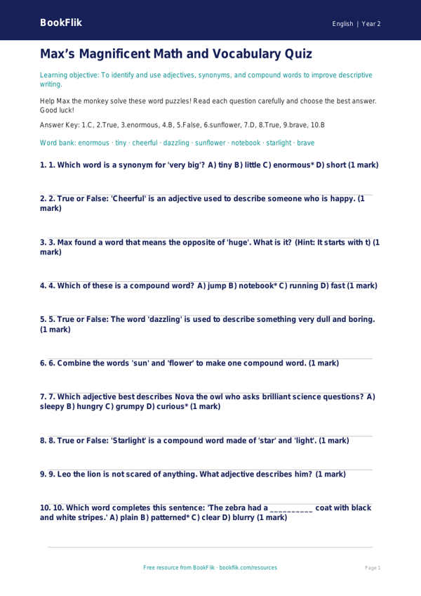 Free Vocabulary Quiz | Grade 1 | ELA | BookFlik worksheet preview — English Vocabulary
