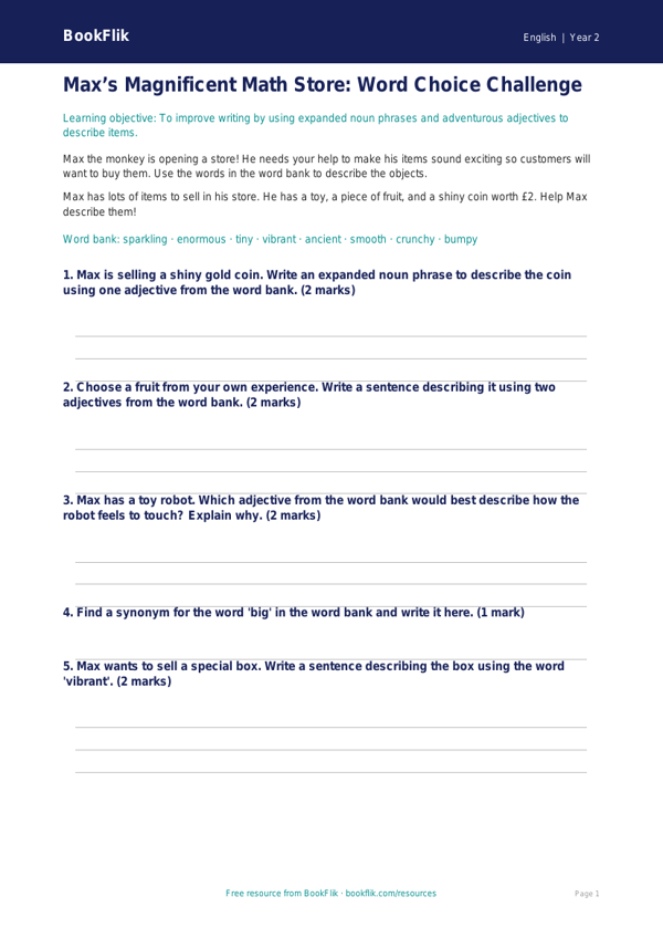 Free Vocabulary Worksheet | Grade 1 | ELA | BookFlik worksheet preview — English Vocabulary