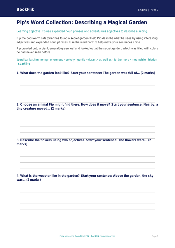 Free Vocabulary Writing Frame | Grade 1 | ELA | BookFlik worksheet preview — English Vocabulary