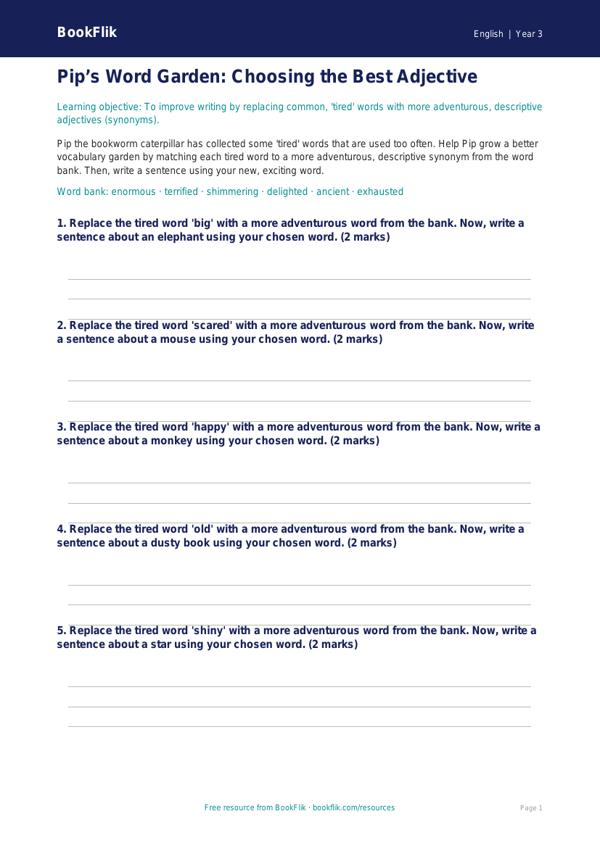 Free Vocabulary Activity Sheet | Grade 2 | ELA | BookFlik worksheet preview — English Vocabulary