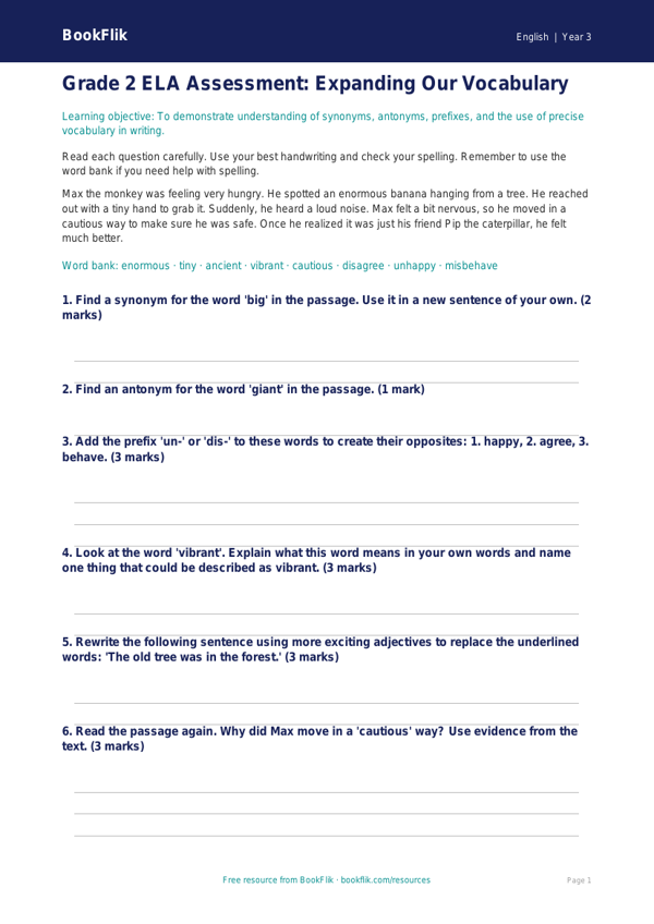 Free Vocabulary Assessment | Grade 2 | ELA | BookFlik worksheet preview — English Vocabulary
