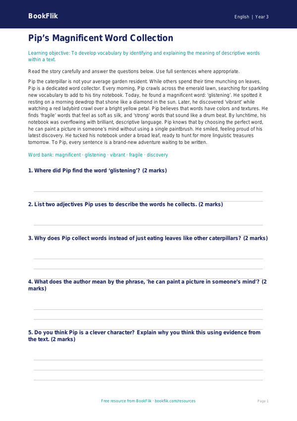 Free Vocabulary Comprehension | Grade 2 | ELA | BookFlik worksheet preview — English Vocabulary