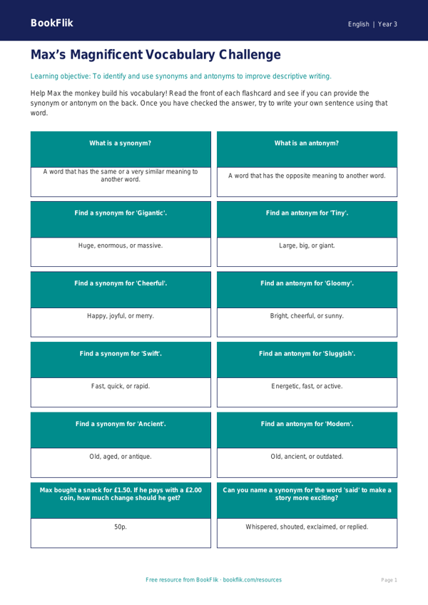 Free Vocabulary Flashcards | Grade 2 | ELA | BookFlik worksheet preview — English Vocabulary