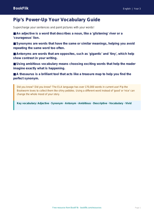 Free Vocabulary Poster | Grade 2 | ELA | BookFlik worksheet preview — English Vocabulary
