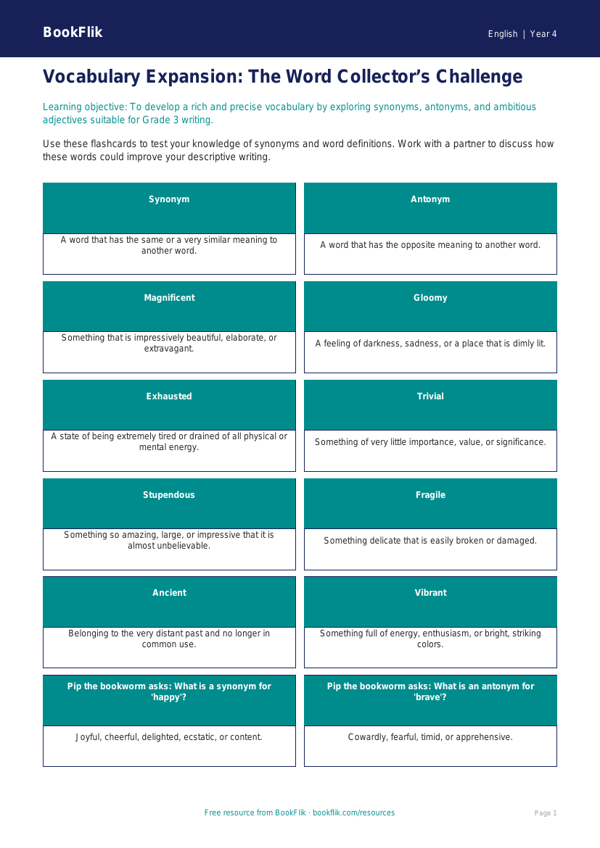 Free Vocabulary Flashcards | Grade 3 | ELA | BookFlik worksheet preview — English Vocabulary