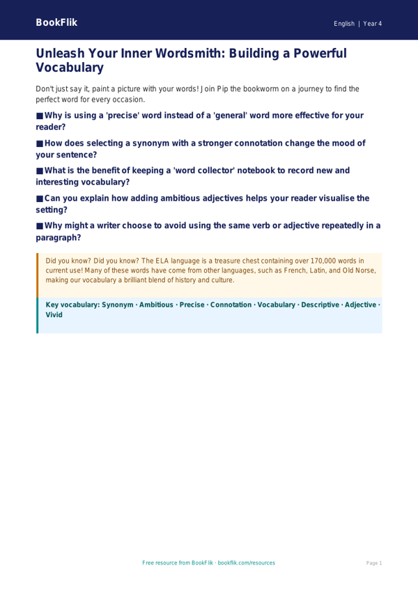 Free Vocabulary Poster | Grade 3 | ELA | BookFlik worksheet preview — English Vocabulary