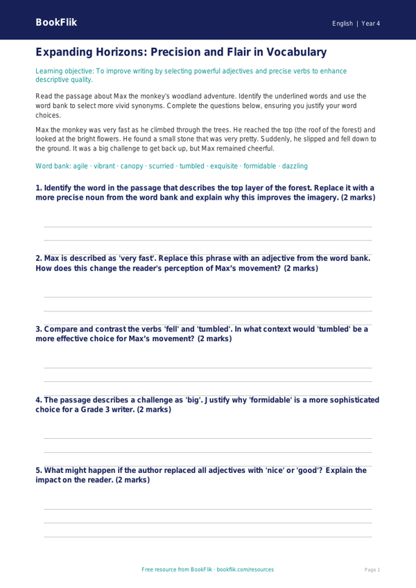 Free Vocabulary Track Sheet | Grade 3 | ELA | BookFlik worksheet preview — English Vocabulary