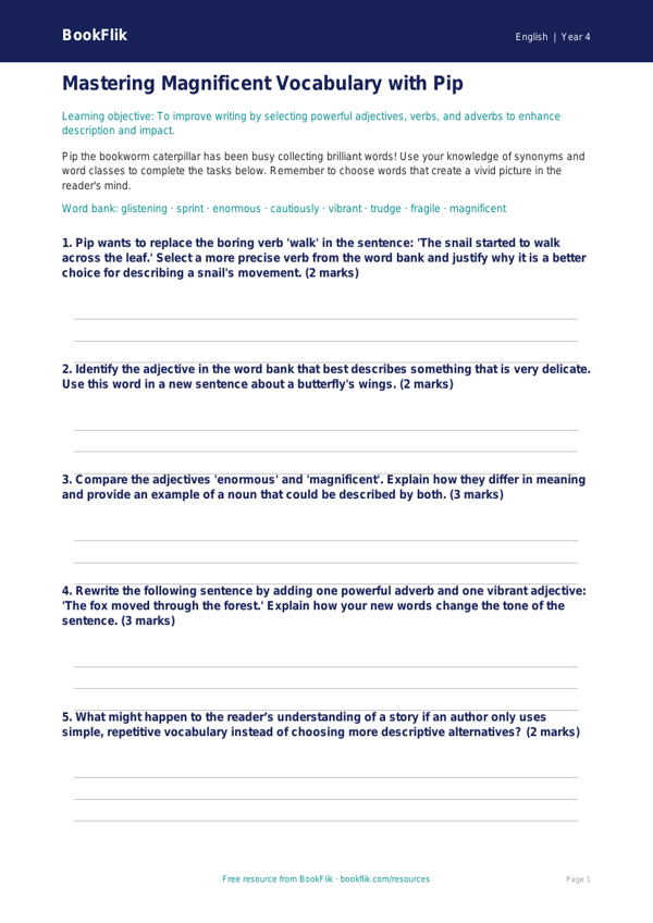 Free Vocabulary Worksheet | Grade 3 | ELA | BookFlik worksheet preview — English Vocabulary