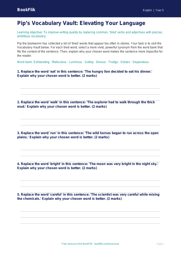 Free Vocabulary Activity Sheet | Grade 4 | ELA | BookFlik worksheet preview — English Vocabulary
