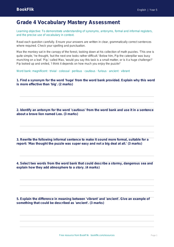 Free Vocabulary Assessment | Grade 4 | ELA | BookFlik worksheet preview — English Vocabulary