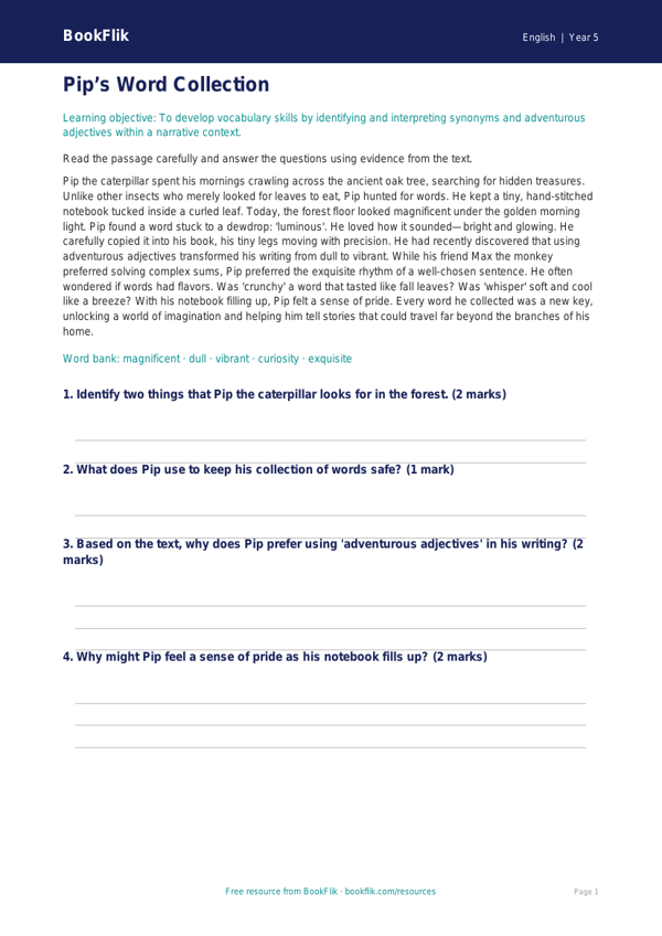 Free Vocabulary Comprehension | Grade 4 | ELA | BookFlik worksheet preview — English Vocabulary