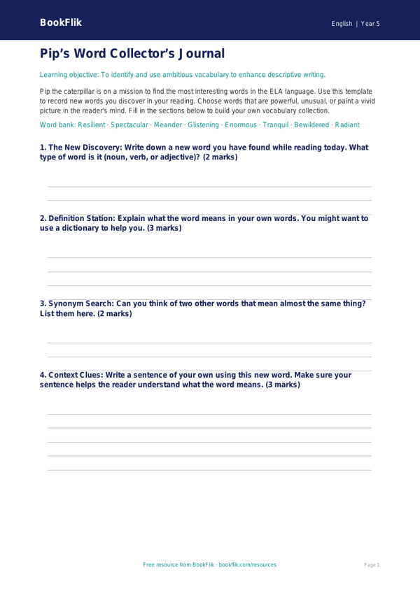 Free Vocabulary Template | Grade 4 | ELA | BookFlik worksheet preview — English Vocabulary