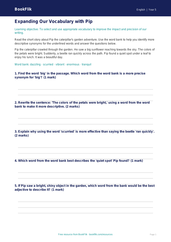 Free Vocabulary Track Sheet | Grade 4 | ELA | BookFlik worksheet preview — English Vocabulary
