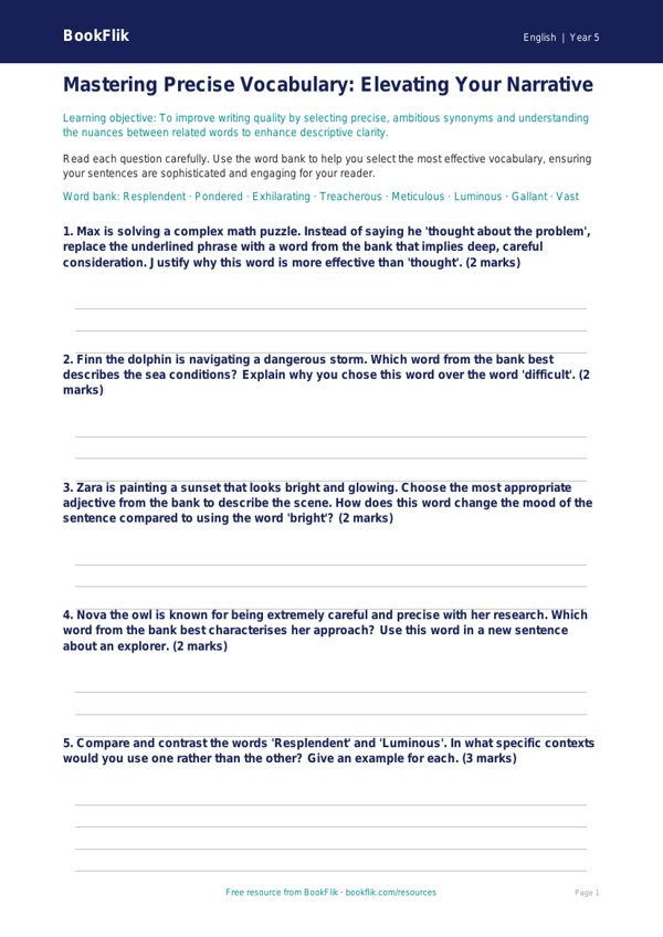 Free Vocabulary Worksheet | Grade 4 | ELA | BookFlik worksheet preview — English Vocabulary