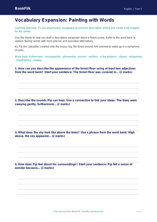 Free Vocabulary Writing Frame | Grade 4 | ELA | BookFlik worksheet preview — English Vocabulary