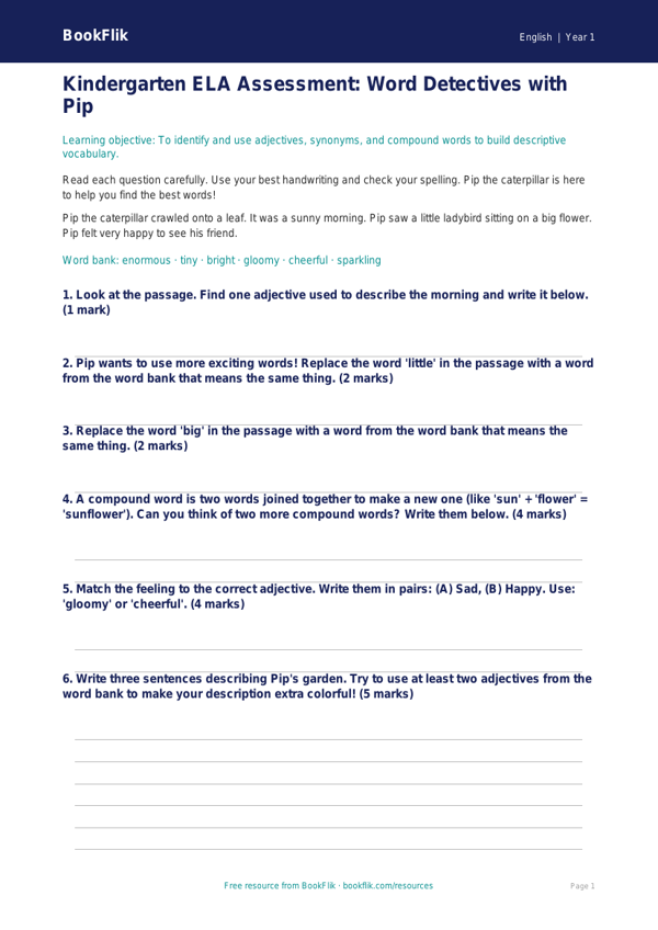 Free Vocabulary Assessment | Kindergarten | ELA | BookFlik worksheet preview — English Vocabulary