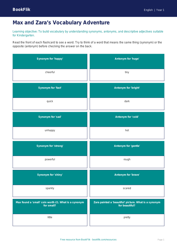 Free Vocabulary Flashcards | Kindergarten | ELA | BookFlik worksheet preview — English Vocabulary