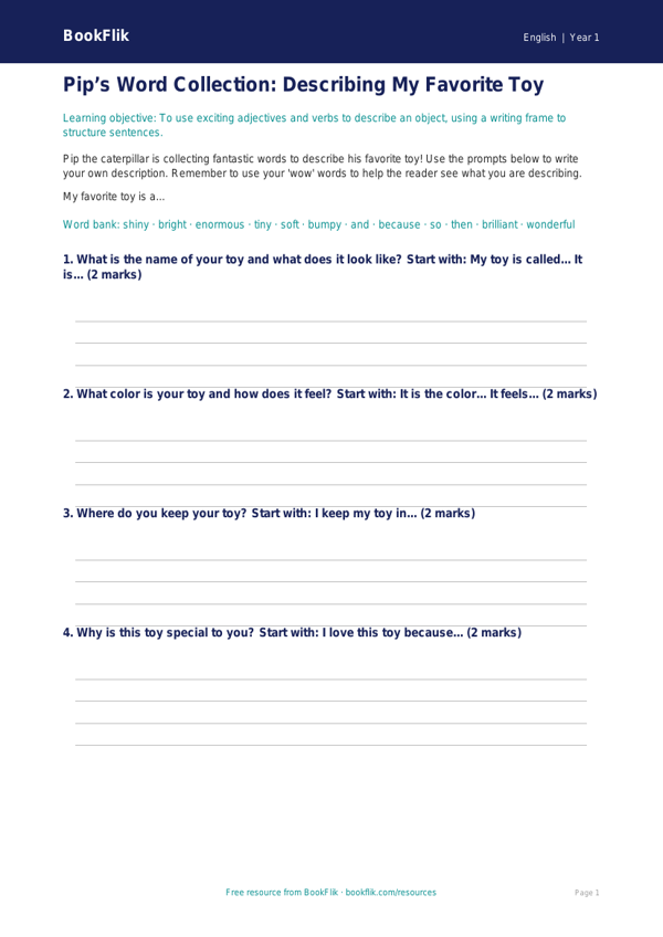Free Vocabulary Writing Frame | Kindergarten | ELA | BookFlik worksheet preview — English Vocabulary