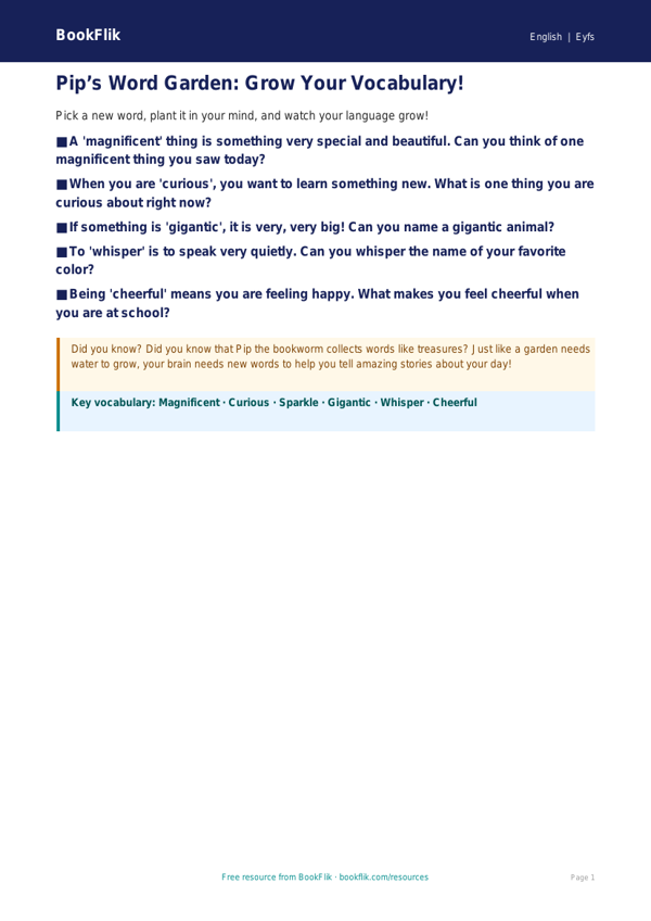 Free Vocabulary Poster | Pre-K | ELA | BookFlik worksheet preview — English Vocabulary
