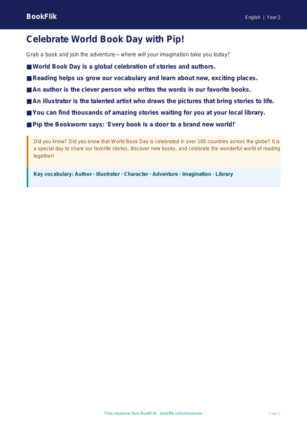 Free World Book Day Poster | Grade 1 | ELA | BookFlik worksheet preview — English World Book Day
