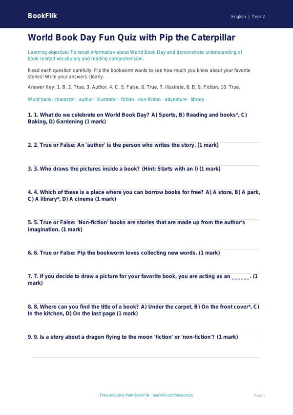 World Book Day Quiz for Grade 1 | ELA Reading Activity | BookFlik worksheet preview — English World Book Day