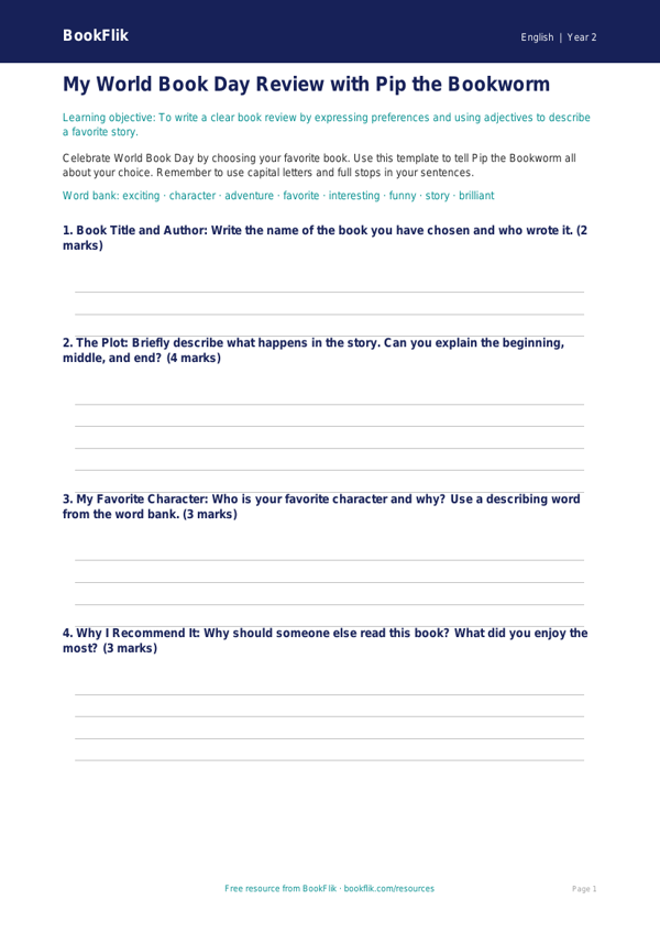 Free World Book Day Template | Grade 1 | ELA | BookFlik worksheet preview — English World Book Day
