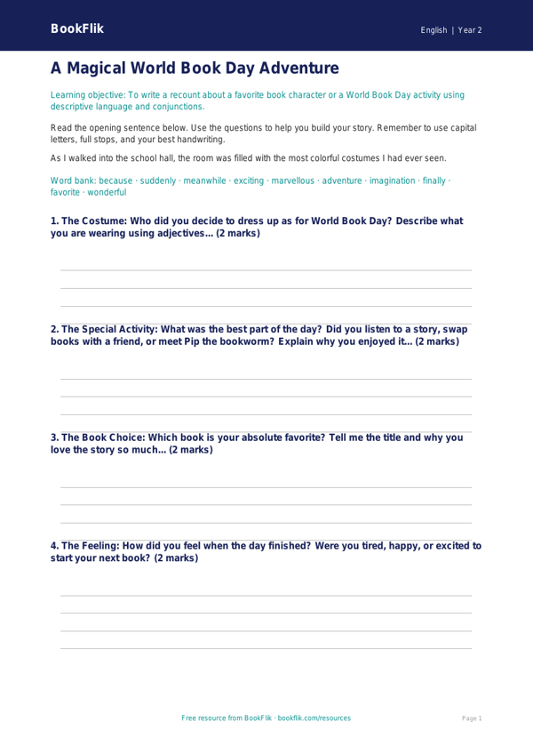 Free World Book Day Writing Frame | Grade 1 | ELA | BookFlik worksheet preview — English World Book Day