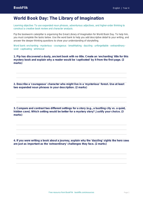 World Book Day Activity Sheet | Grade 3 ELA | BookFlik worksheet preview — English World Book Day