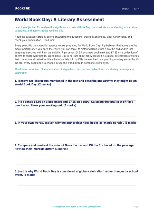 ELA world book day assessment grade 3 greater depth worksheet preview — English World Book Day