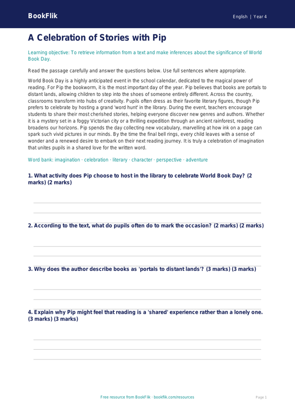 Free World Book Day Comprehension | Grade 3 | ELA | BookFlik worksheet preview — English World Book Day