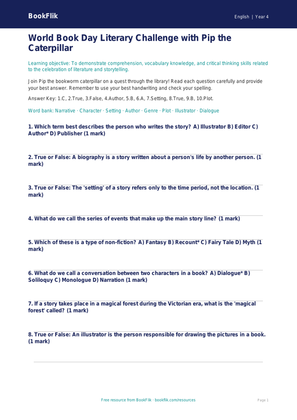 World Book Day Quiz for Grade 3 | ELA Common Core | BookFlik worksheet preview — English World Book Day
