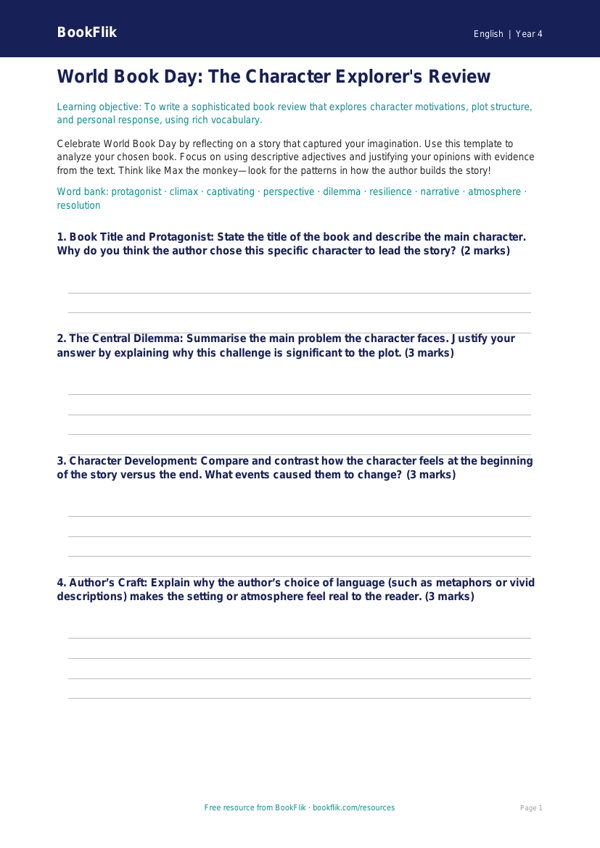 World Book Day Activity Worksheet | Grade 3 ELA | BookFlik worksheet preview — English World Book Day