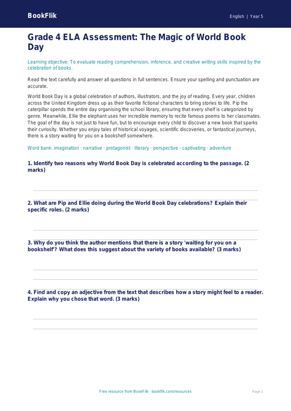 Free World Book Day Assessment | Grade 4 | ELA | BookFlik worksheet preview — English World Book Day