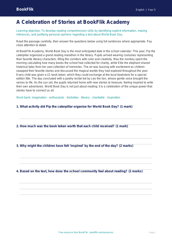Free World Book Day Comprehension | Grade 4 | ELA | BookFlik worksheet preview — English World Book Day