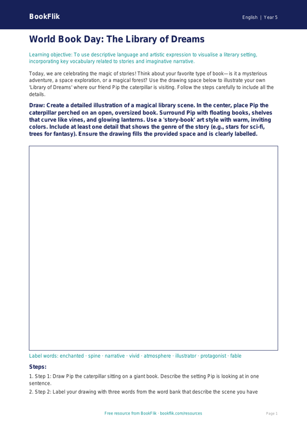 Free World Book Day Drawing Sheet | Grade 4 | ELA | BookFlik worksheet preview — English World Book Day