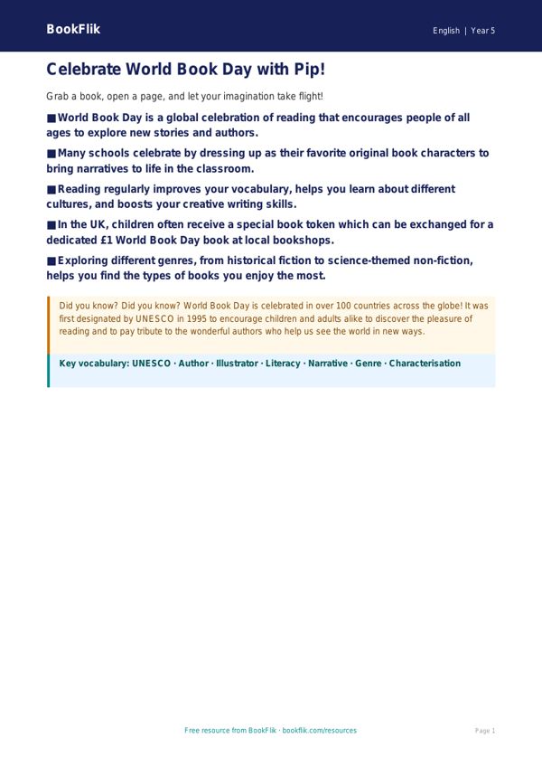 Free World Book Day Poster | Grade 4 | ELA | BookFlik worksheet preview — English World Book Day