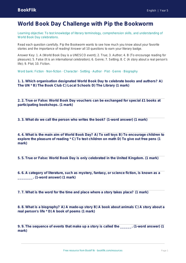 World Book Day Quiz for Grade 4 | ELA Practice | BookFlik worksheet preview — English World Book Day
