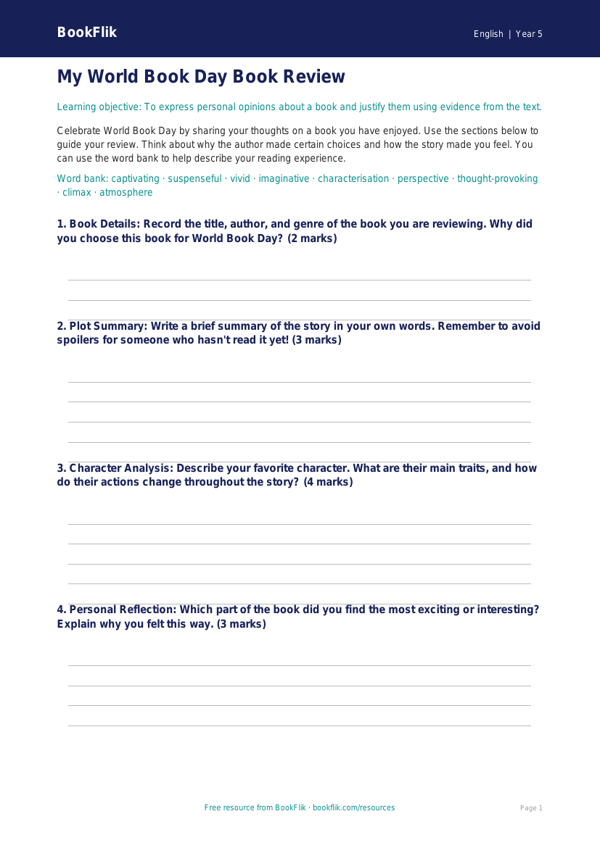 World Book Day Activity Worksheet | Grade 4 ELA | BookFlik worksheet preview — English World Book Day