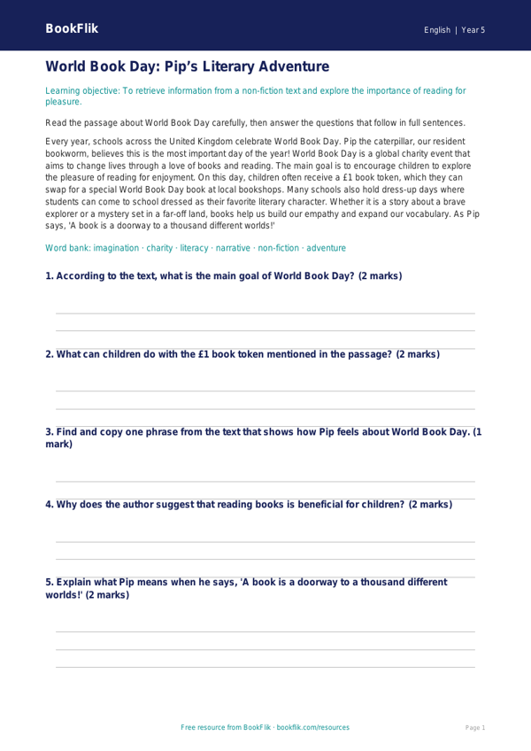 Free World Book Day Track Sheet | Grade 4 | ELA | BookFlik worksheet preview — English World Book Day