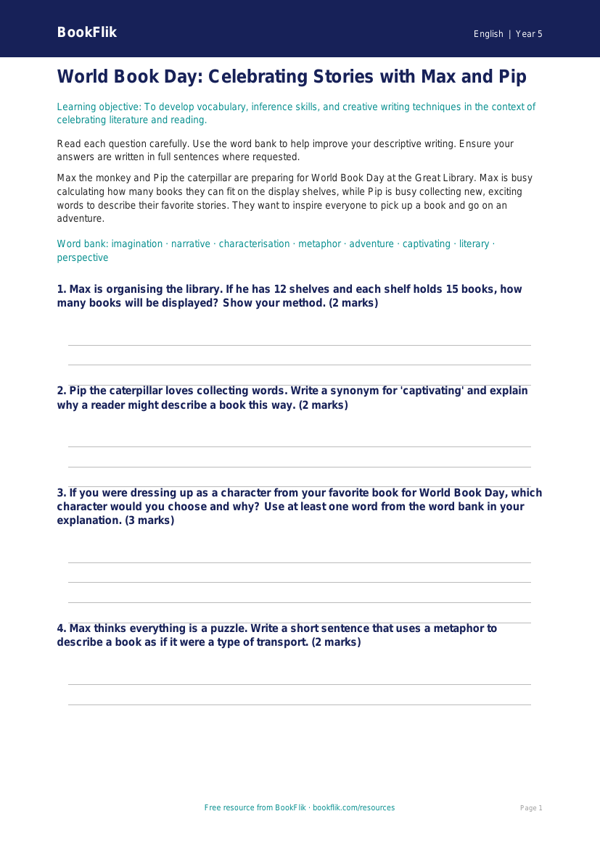 Free World Book Day Worksheet | Grade 4 | ELA | BookFlik worksheet preview — English World Book Day
