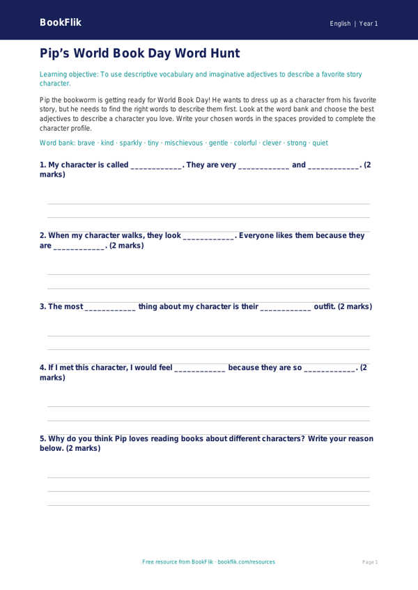 Free World Book Day Activity Sheet | Kindergarten | ELA | BookFlik worksheet preview — English World Book Day