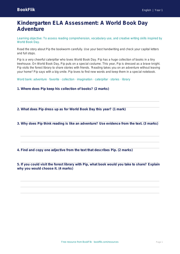 Free World Book Day Assessment | Kindergarten | ELA | BookFlik worksheet preview — English World Book Day
