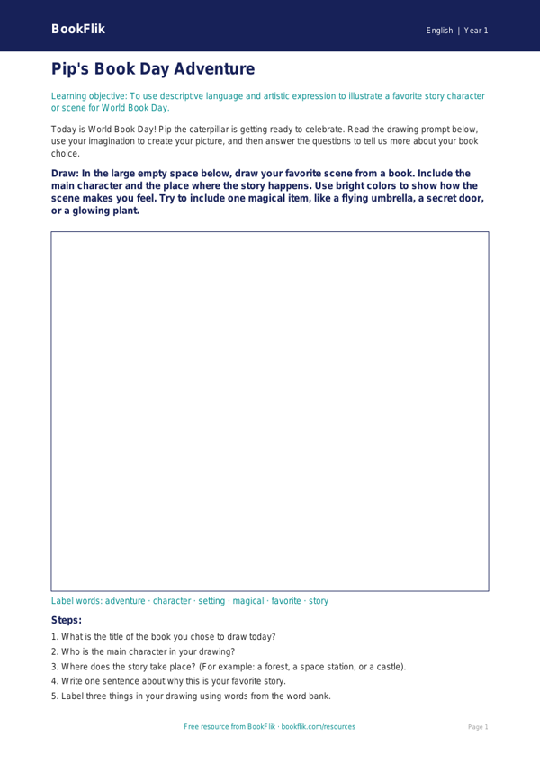 Free World Book Day Drawing Sheet | Kindergarten | ELA | BookFlik worksheet preview — English World Book Day