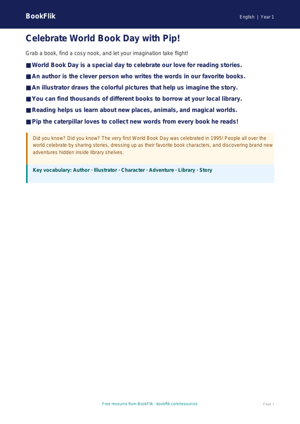 Free World Book Day Poster | Kindergarten | ELA | BookFlik worksheet preview — English World Book Day