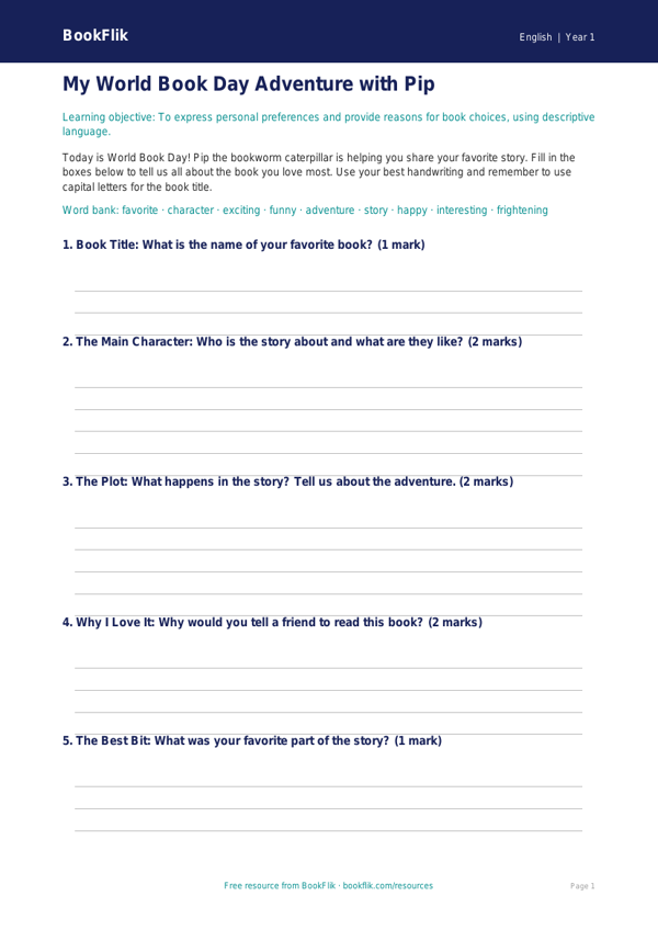 Free World Book Day Template | Kindergarten | ELA | BookFlik worksheet preview — English World Book Day