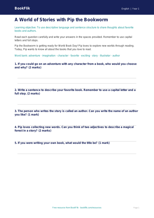 Free World Book Day Worksheet | Kindergarten | ELA | BookFlik worksheet preview — English World Book Day
